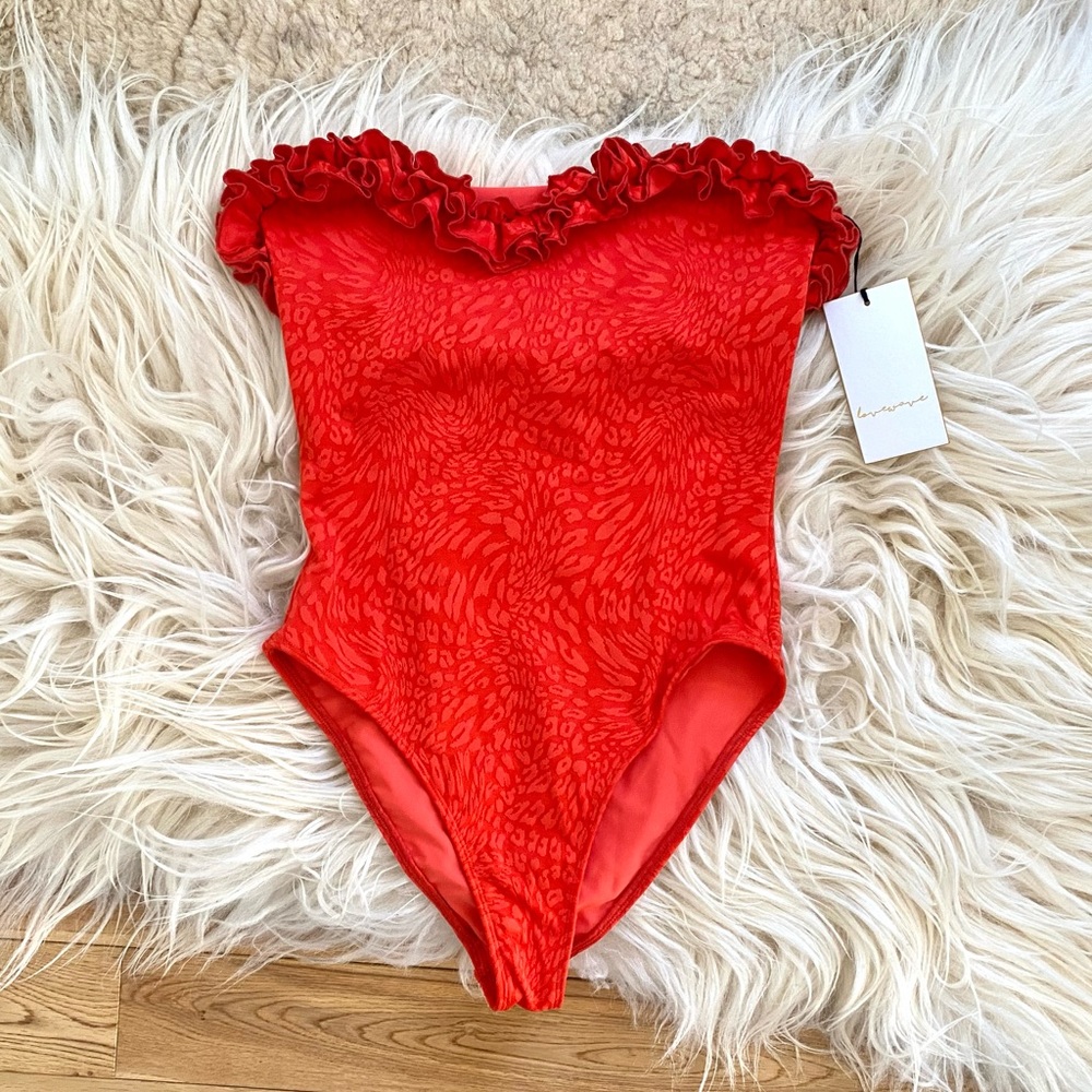 Lovewave Revolve Strapless Ruffle Red One Piece Swimsuit